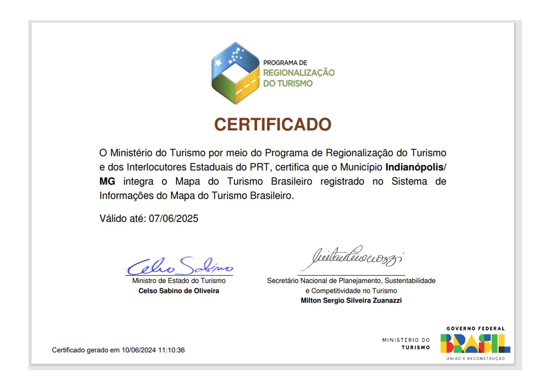 TURISMO EM INDIANÓPOLIS RECEBE CERTIFICAÇÃO DO MINISTÉRIO DO TURISMO